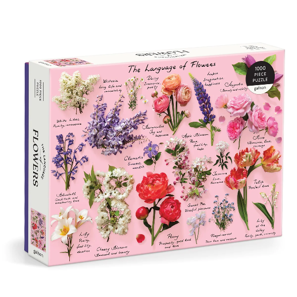 white puzzle box. the cover has flowers, their titles, and their meanings on a pink background