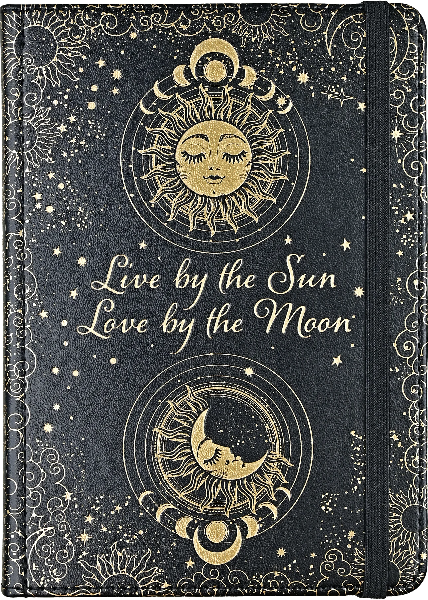 black notebook with a black elastic band. intricate clouds, stars, suns, and moons frame the cover in gold. top centre has a gold sleeping sun design. bottom centre has a gold sleeping crescent moon design. centre text reads "live by the sun love by the moon" 