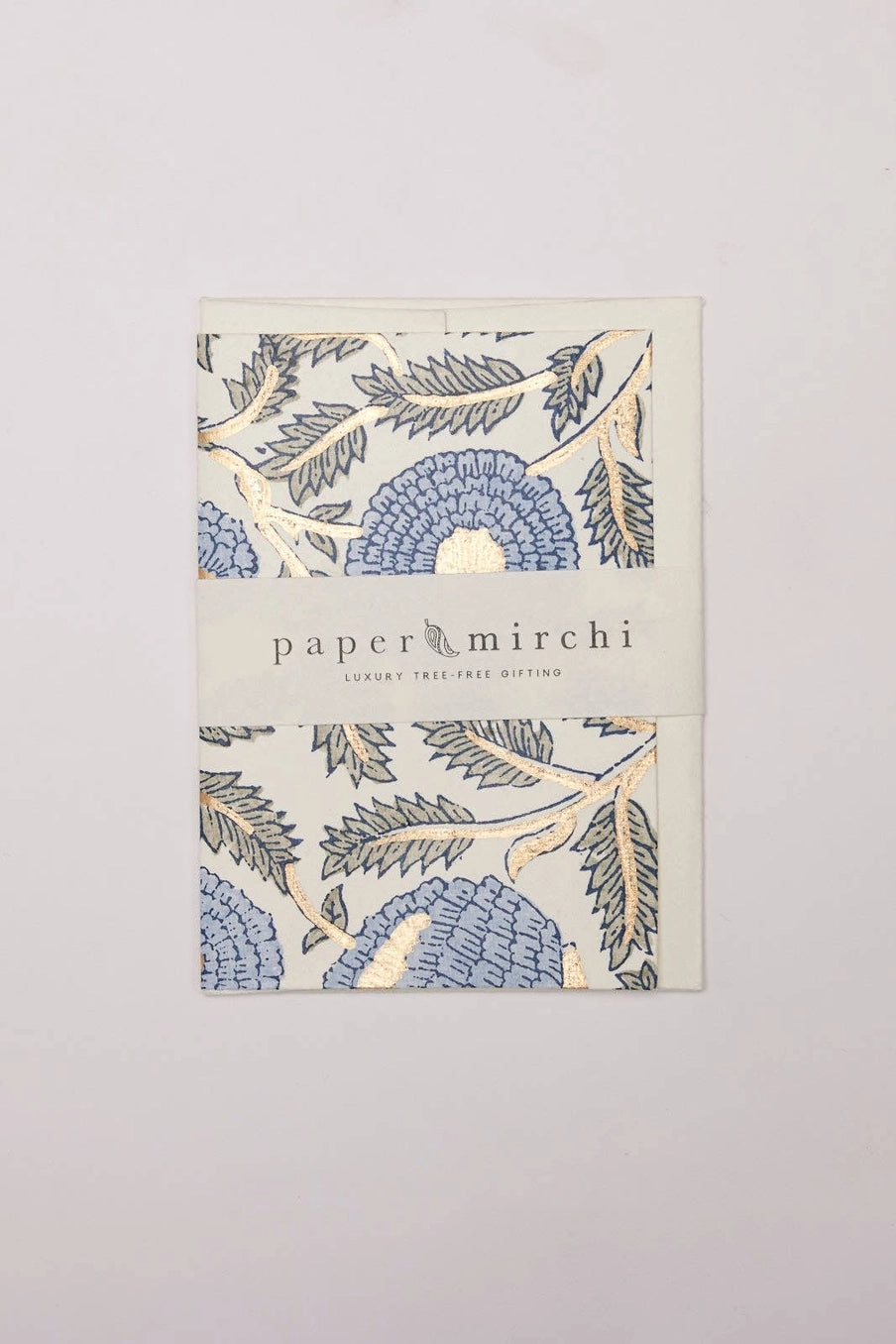 Cotton paper greeting card with a blue, green and gold botanical design on a white background. 