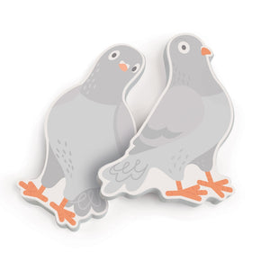 Image of two pigeon-themed sticky notepads on a white surface.