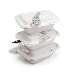 Stack of white disposable containers, each of which has a sticky note with a pigeon theme attached. A sticky note pad and marker are shown in the background. 