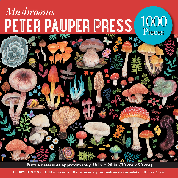 red puzzle box with top text that reads "mushrooms peter pauper press 1000 pieces". an image of colourful mushrooms on a black background is pictured between red banners