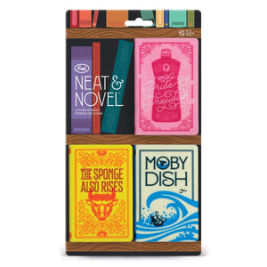Image of a three-pack of kitchen sponges with book themes. One is pink with imagery and the text 'Pride & Prejudish', another is yellow with orange imagery and the text 'The Sponge Also Rises', and the other is white with blue imagery and the text 'Moby Dish'. They are attached to the product packaging, featuring illustrations of books and the text 'Neat & Novel', along with the company branding. 