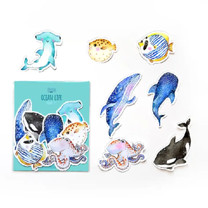 cute ocean life-themed sticker set including a pufferfish, a humpback whale, an octopus, and more.