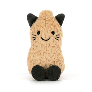 Front view of a brown plush peanut shaped toy with black cat ears, eyes, whiskers, feet and a tail on a white background. 