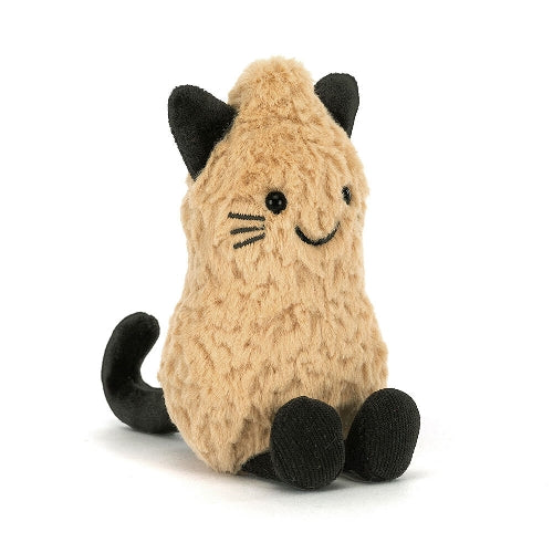 Brown plush peanut shaped toy with black cat ears, eyes, whiskers, feet and a tail on a white background. 