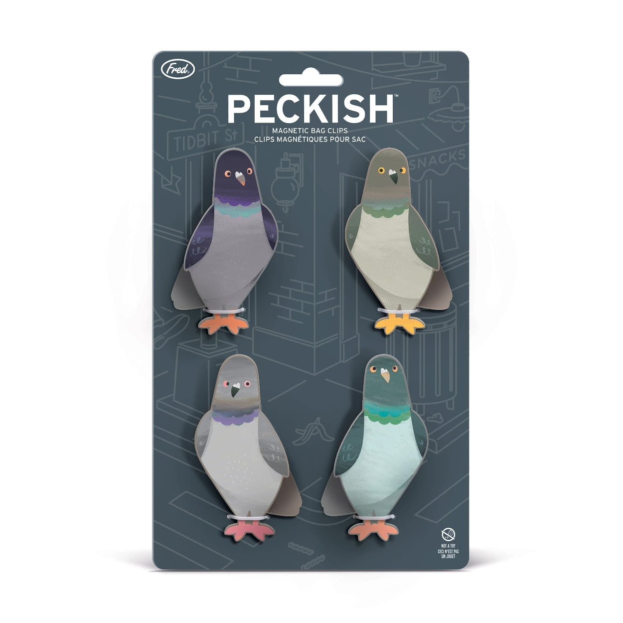 Image of four pigeon-themed magnetic bag clips attacked to their packaging, which is blue with street illustrations. The text 'Peckish' is printed on it along with the company branding. It is shown on a white background.