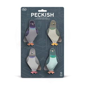 Image of four pigeon-themed magnetic bag clips attacked to their packaging, which is blue with street illustrations. The text 'Peckish' is printed on it along with the company branding. It is shown on a white background.