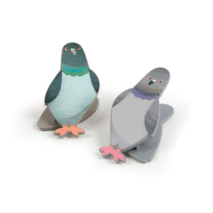 Image of two pigeon-themed magnetic bag clips on a white background.