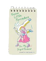 A spiral-bound notebook with a cream-colored cover featuring a colorful illustration of a girl in a pink dress wrestling with a man wearing yellow pants. The text 'Sweet Little Reminders For My Stupid Husband' is printed around the image. 