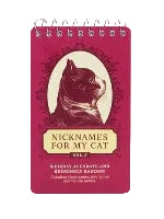 A spiral-bound notebook with a dark red cover featuring an illustration of a cat's head framed in a yellow oval shape. The text 'Nicknames For My Cat'  is printed on a yellow shape underneath. 
