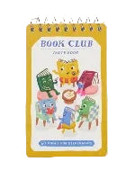 A spiral-bound notepad twith colorful illustrations of books with faces and legs sitting in a circle. The text 'Book Club' is printed at the top.
