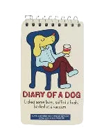 A spiral-bound notebook featuring an illustration of a yellow dog in clothing sitting in a blue chair with a glass of drink in its hand.