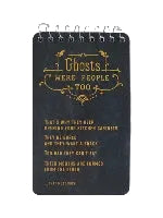 A spiral-bound pocket notebook with a black cover featuring gold gothic-style text that reads 'Ghosts Were People Too' and additional decorative text below, shown against a plain white background.