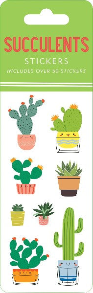 rectangle sticker sheet of potted cacti and succulents. green hanging tab. main text reads "succulents stickers"