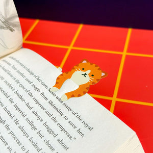 Image of an orange striped cat perched on the page of a book against a red and yellow checkered background. 