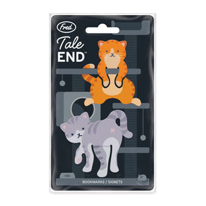 Two cat shaped bookmarks attached to cardboard packaging. One cat is orange with strpes, while another is gray with stripes. The text 'Tale End' is printed on top of the packaging. 