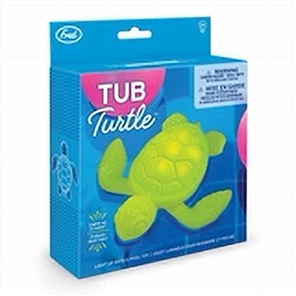 bright green sea turtle bath toy in its blue packaging