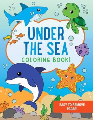 Coloring book cover with sea creatures and text 'Under the Sea Coloring Book' on a blue background.