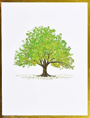 Card showing image of a green tree on a white background with a gold border.