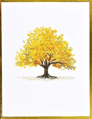 Card showing image of a tree with yellow leaves on a white background with a gold border.