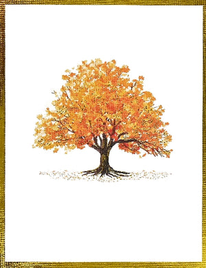 Tree with autumn leaves on a white background with a gold frame.