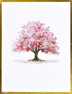 Card showing cherry blossom tree illustration with pink flowers on a white background, framed with a gold border.