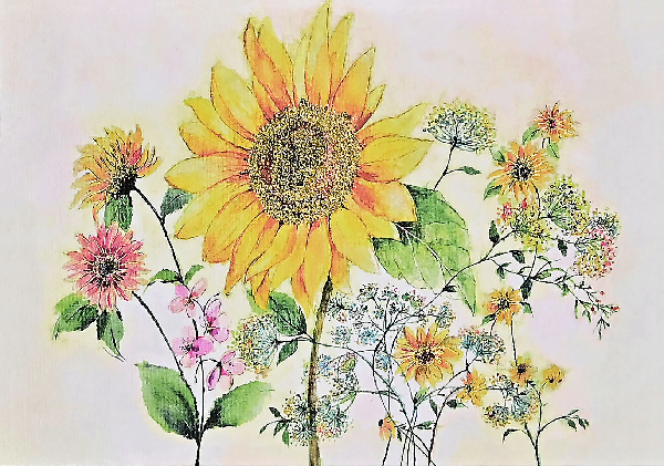 off-white blank card with a large sunflower and smaller ones next to it