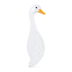 Image of a white duck-themed pot strainer on a white background. The duck has black eyes and a yellow beak.