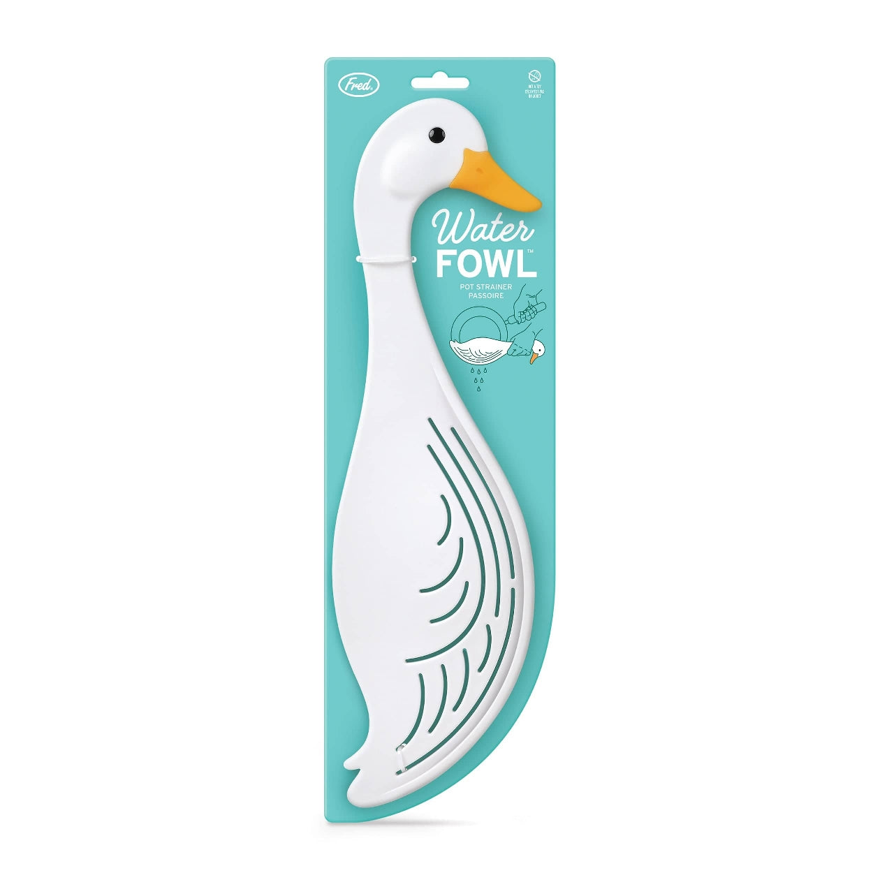 White duck-themed pot strainer attached to its packaging. The packaging is blue with the white text 'Water Fowl' and the company branding. 