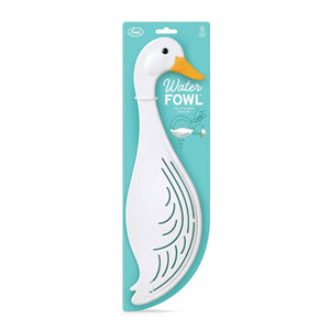 White duck-themed pot strainer attached to its packaging. The packaging is blue with the white text 'Water Fowl' and the company branding. 