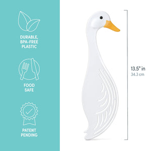 Image of a white duck-themed pot strainer with a black eye and yellow beak. A blue panel along the left lists product benefits: durable, BPA-free plastic; food safe; patent pending. A measurement guide is shown along the right with the numbers '13.5"'.