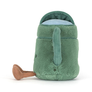 Side view of a Jellycat watering can shaped plush on a white background