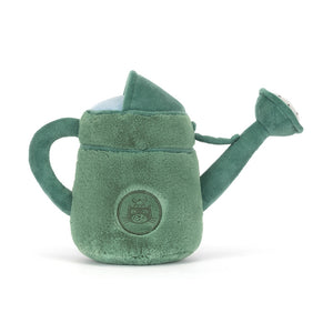 Back view of a green Jellycat watering can shaped plush with embroidered branding on a white background