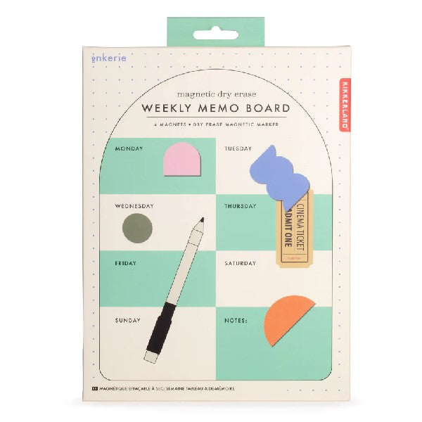 white dotted rectangle package with a mint hanging tab. illustrated on the box is the stretched, semi-circle, mint-white checkered memo board. main text reads "magnetic dry erase weekly memo board". kikkerland product on white background