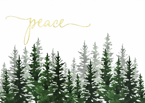 white greeting card by peter pauper press. top left corner has the word "peace" in gold cursive. below are the tops of evergreens in a watercolour style