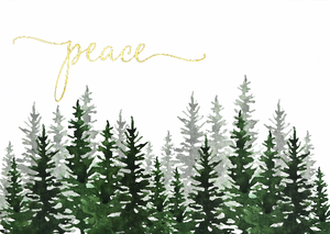 white greeting card by peter pauper press. top left corner has the word "peace" in gold cursive. below are the tops of evergreens in a watercolour style