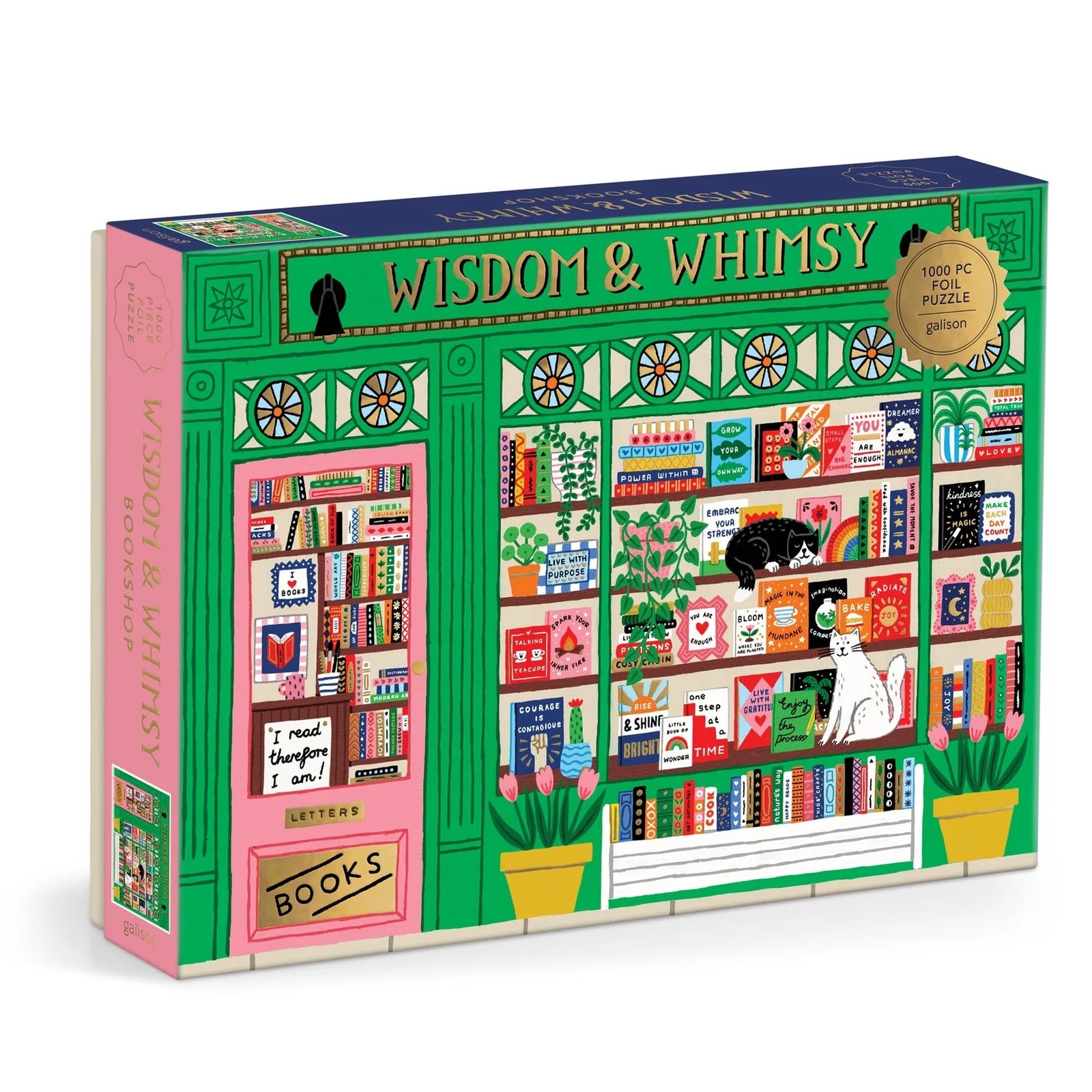 Puzzle box featuring a colourful illustration of a bookstore with 'Wisdom & Whimsy' branding, and two cats sitting in the window amongst the books.