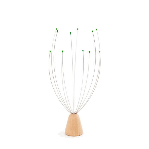 standing head massager with a light wood handle and green nubs at the end of metal strings. kikkerland product on white background