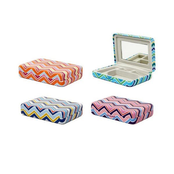 4 small, zig-zag, colourful patterned boxes on a white background. 1 opened case reveals a mirror and organizing spaces. kikkerland product
