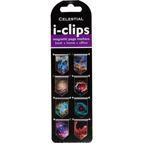 black cardboard product hanger with 8 page markers in the shape of shield banners. each have a unique galaxy design