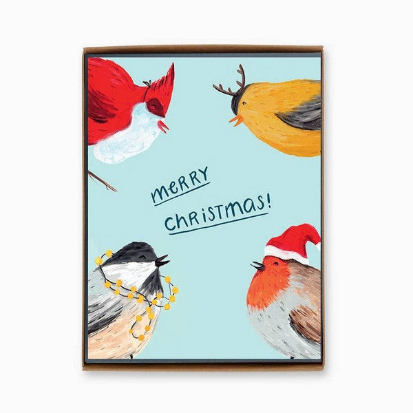 Boxed Christmas card featuring an illustration of four festive, colorful birds with the text 'Merry Christmas!' on a blue background.