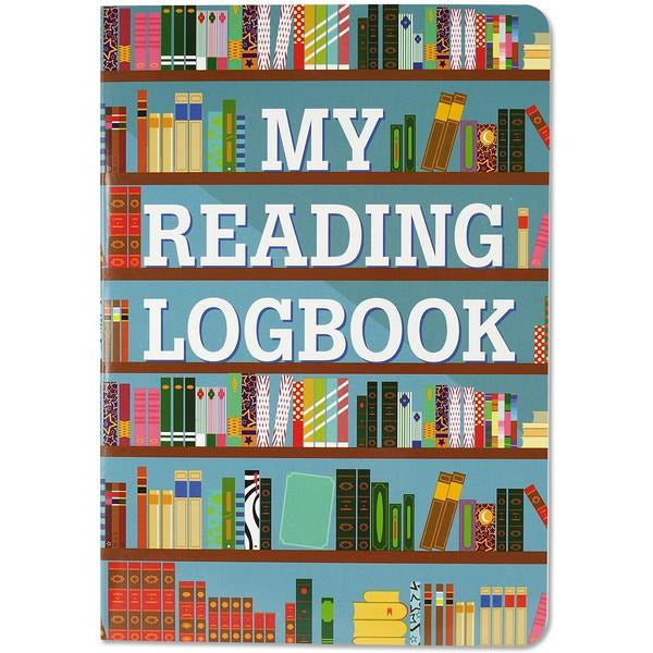 teal notebook on a white background. on the cover, brown shelves hold colourful books. main text that reads "my reading logbook" is on shelf sections withouth books. peter pauper product
