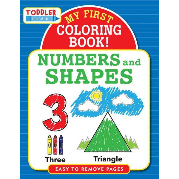 blue, red, and green activity book. text reads "my first coloring book! numbers and shapes". two drawn-in example illustrated below the text: the number three and a triangle mountain