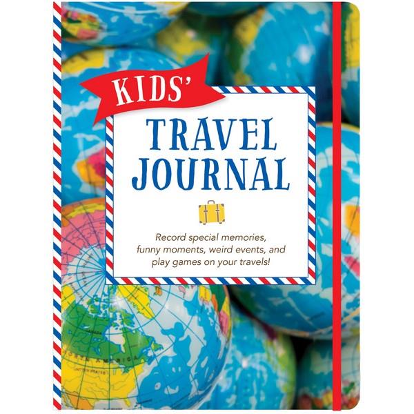 red elastic-bound journal with a cover filled with terrestrial globes. main text in a white box reads "kids' travel journal"