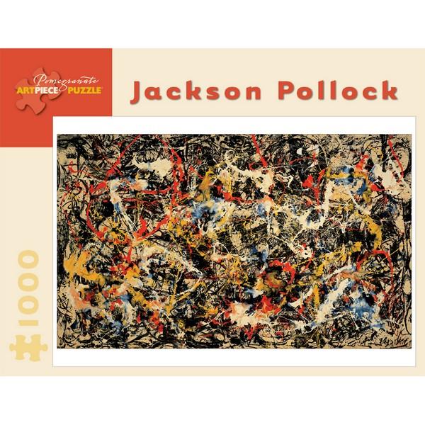 off-white puzzle box with orange and yellow accents. the centre of the box has an image of one of Jackson Pollock's drip paintings