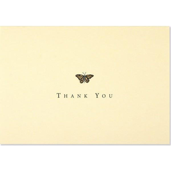 beige notecard with a tiny monarch butterfly at the centre and "thank you" written underneath