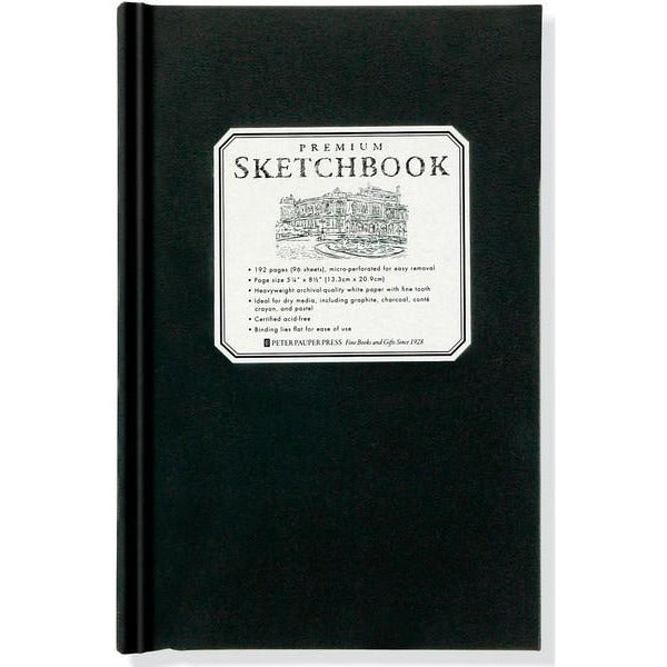 black sketchbook with a white sticker detailing the specifications of the "prenium sketchbook" 